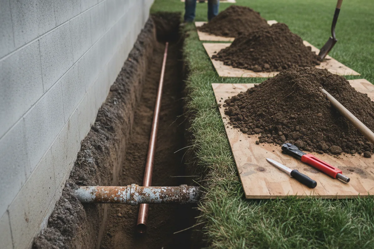 Excavated water line trench during Water Heater Repair in Damascus